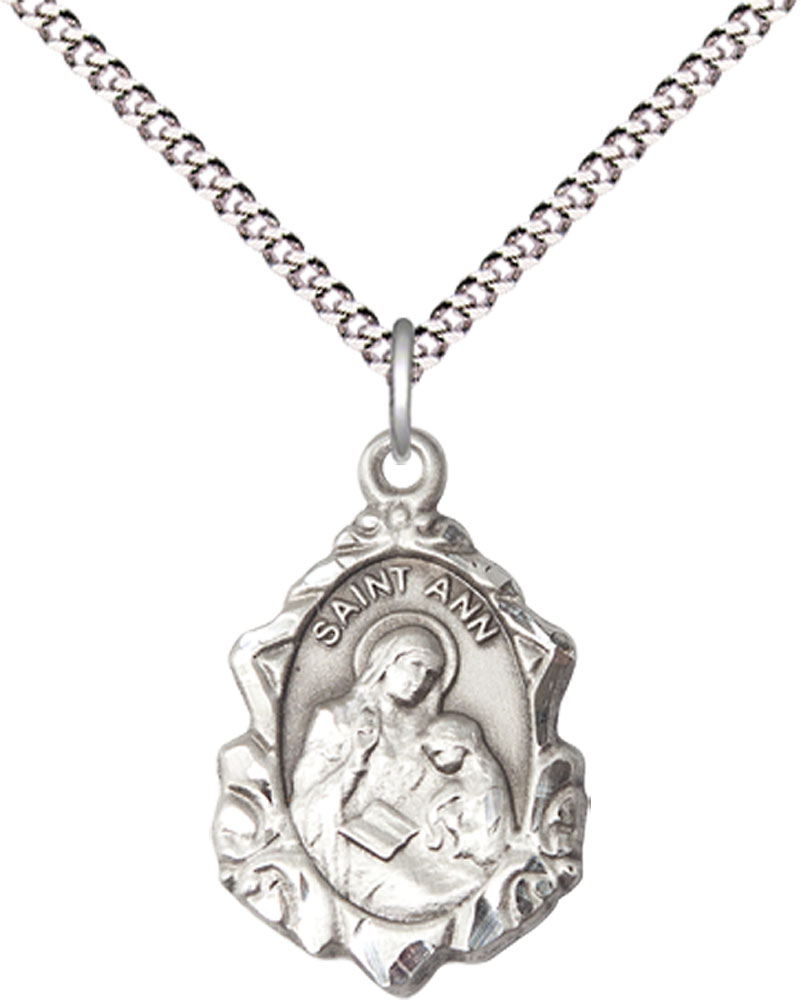 Sterling Silver Saint Ann Pendant on a 18 inch Light Rhodium Light Curb chain