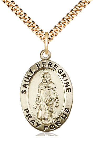 14kt Gold Filled Saint Peregrine Pendant on a 24 inch Gold Plate Heavy Curb chain
