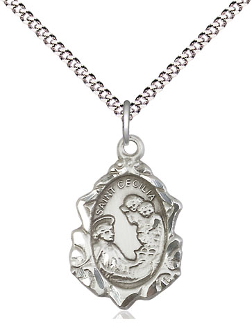 Sterling Silver Saint Cecilia Pendant on a 18 inch Light Rhodium Light Curb chain