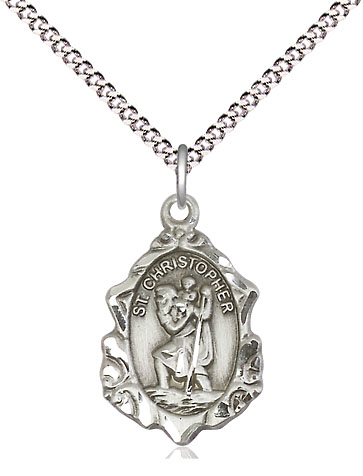 Sterling Silver Saint Christopher Pendant on a 18 inch Light Rhodium Light Curb chain