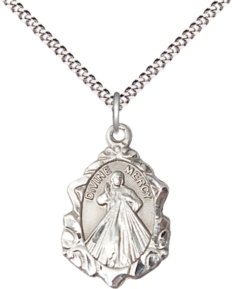 Sterling Silver Divine Mercy Pendant on a 18 inch Light Rhodium Light Curb chain