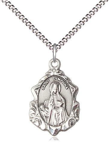 Sterling Silver Saint Dymphna Pendant on a 18 inch Light Rhodium Light Curb chain