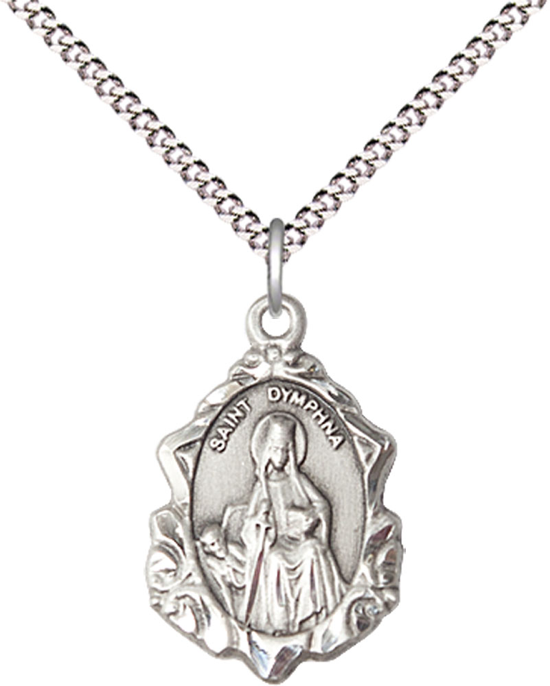 Sterling Silver Saint Dymphna Pendant on a 18 inch Light Rhodium Light Curb chain