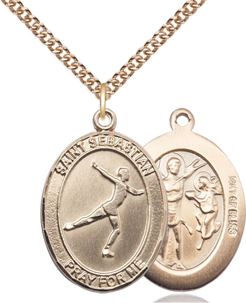 14kt Gold Filled Saint Sebastian Figure Skating Pendant on a 24 inch Gold Filled Heavy Curb chain