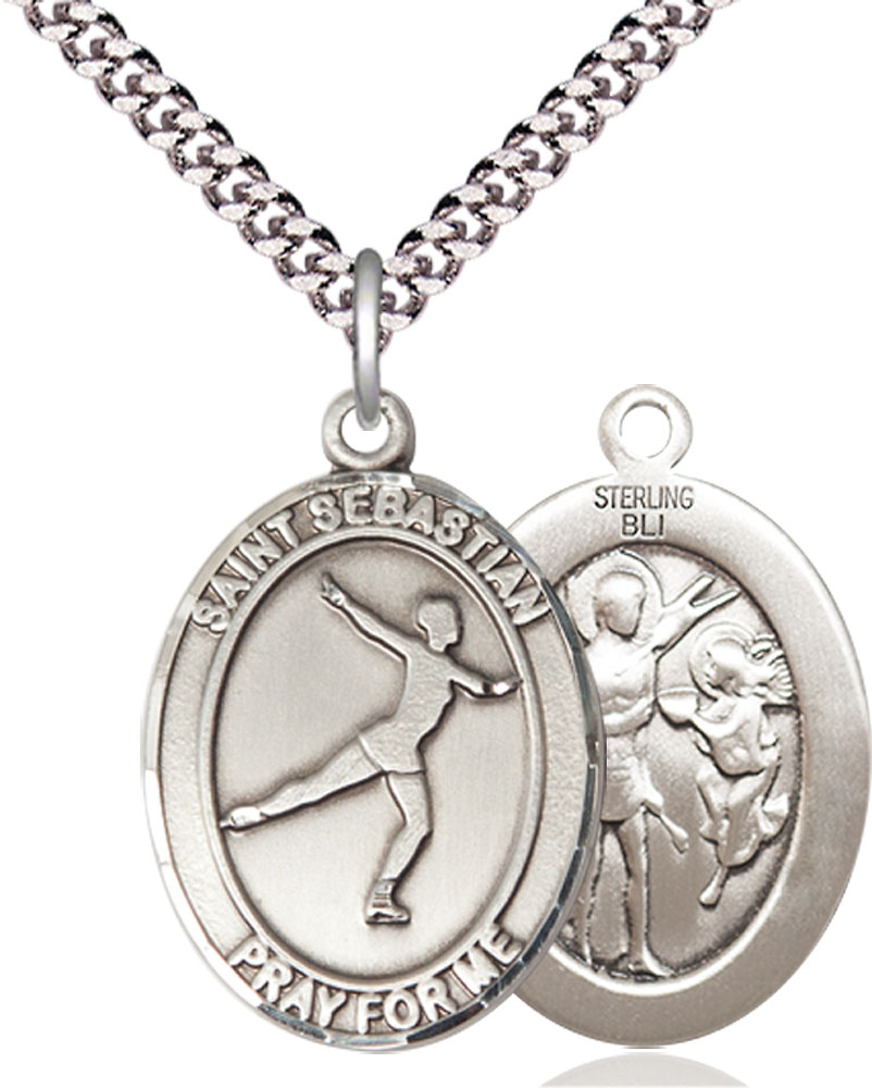 Sterling Silver Saint Sebastian Figure Skating Pendant on a 24 inch Light Rhodium Heavy Curb chain