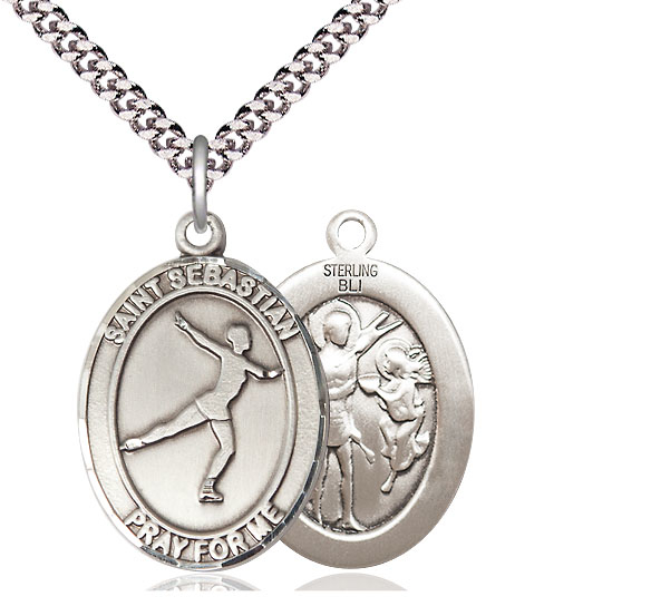 Sterling Silver Saint Sebastian Figure Skating Pendant on a 24 inch Light Rhodium Heavy Curb chain