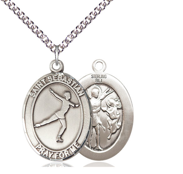 Sterling Silver Saint Sebastian Figure Skating Pendant on a 24 inch Sterling Silver Heavy Curb chain