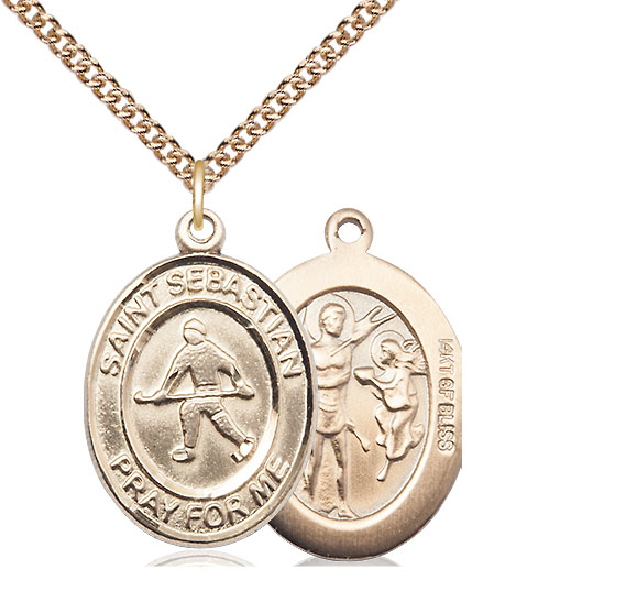 14kt Gold Filled Saint Sebastian Field Hockey Pendant on a 24 inch Gold Filled Heavy Curb chain