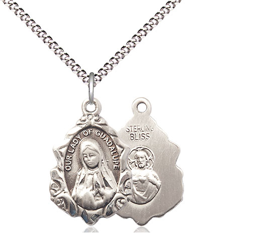 Sterling Silver Our Lady of Guadalupe Pendant on a 18 inch Light Rhodium Light Curb chain