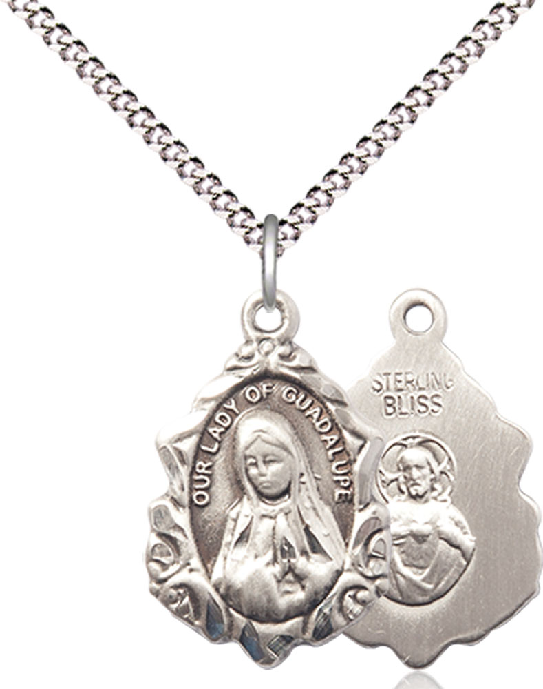 Sterling Silver Our Lady of Guadalupe Pendant on a 18 inch Light Rhodium Light Curb chain