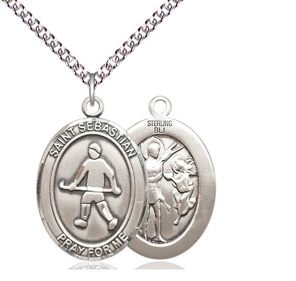 Sterling Silver Saint Sebastian Field Hockey Pendant on a 24 inch Sterling Silver Heavy Curb chain