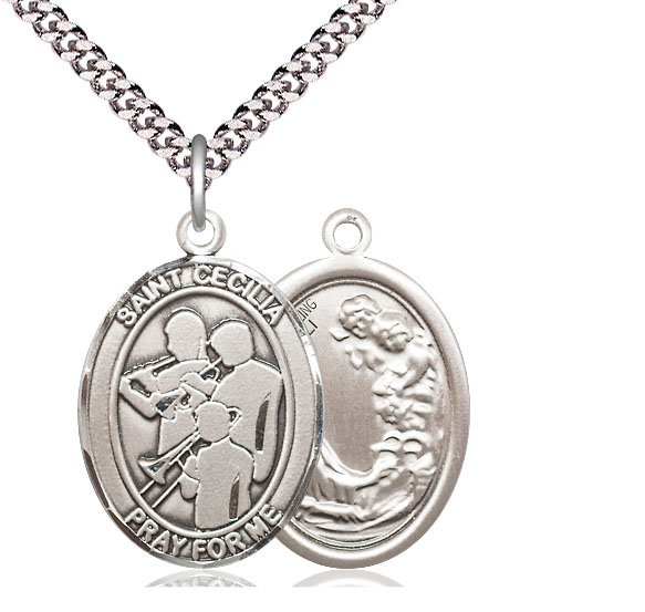 Sterling Silver Saint Cecilia Marching Band Pendant on a 24 inch Light Rhodium Heavy Curb chain