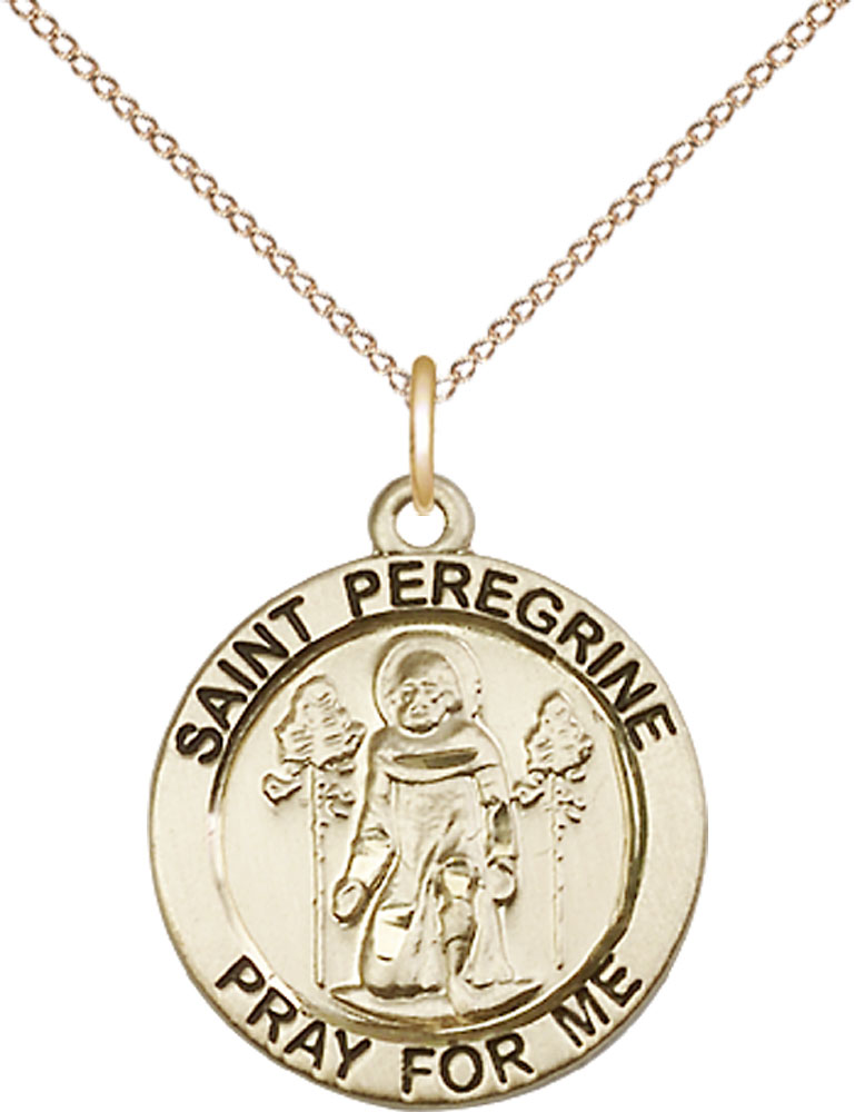 14kt Gold Filled Saint Peregrine Pendant on a 18 inch Gold Filled Light Curb chain