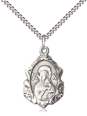 Sterling Silver Our Lady of Perpetual Help Pendant on a 18 inch Light Rhodium Light Curb chain