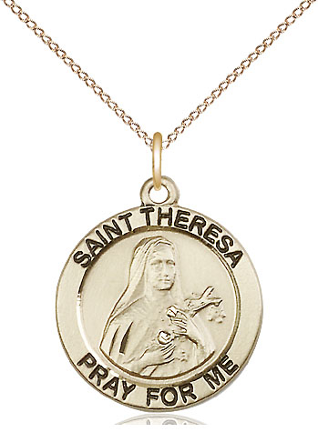 14kt Gold Filled Saint Theresa Pendant on a 18 inch Gold Filled Light Curb chain