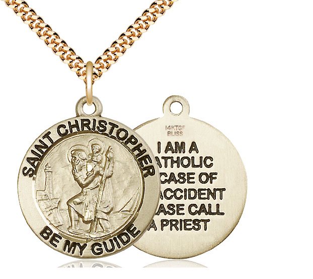 14kt Gold Filled Saint Christopher Pendant on a 24 inch Gold Plate Heavy Curb chain