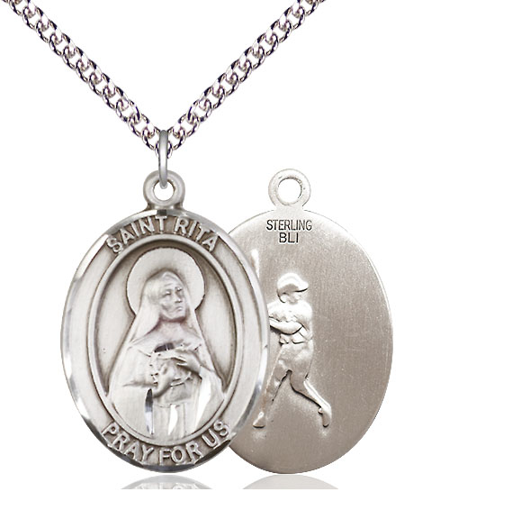 Sterling Silver Saint Rita Baseball Pendant on a 24 inch Sterling Silver Heavy Curb chain