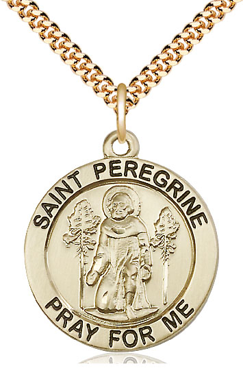 14kt Gold Filled Saint Peregrine Pendant on a 24 inch Gold Plate Heavy Curb chain