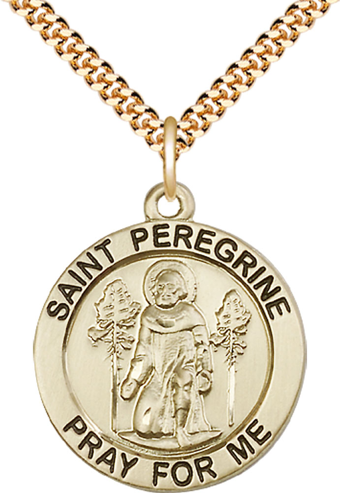 14kt Gold Filled Saint Peregrine Pendant on a 24 inch Gold Plate Heavy Curb chain