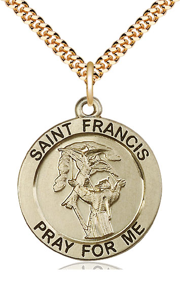 14kt Gold Filled Saint Francis of Assisi Pendant on a 24 inch Gold Plate Heavy Curb chain