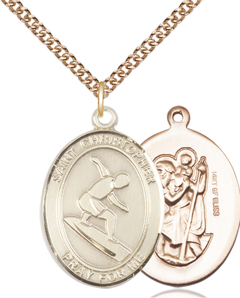 14kt Gold Filled Saint Christopher Surfing Pendant on a 24 inch Gold Filled Heavy Curb chain