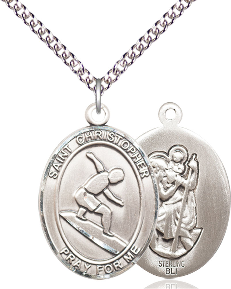 Sterling Silver Saint Christopher Surfing Pendant on a 24 inch Sterling Silver Heavy Curb chain