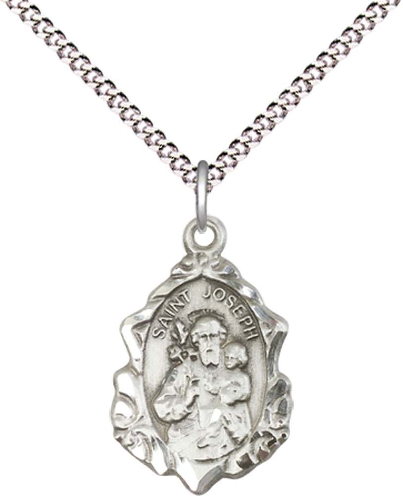 Sterling Silver Saint Joseph Pendant on a 18 inch Light Rhodium Light Curb chain