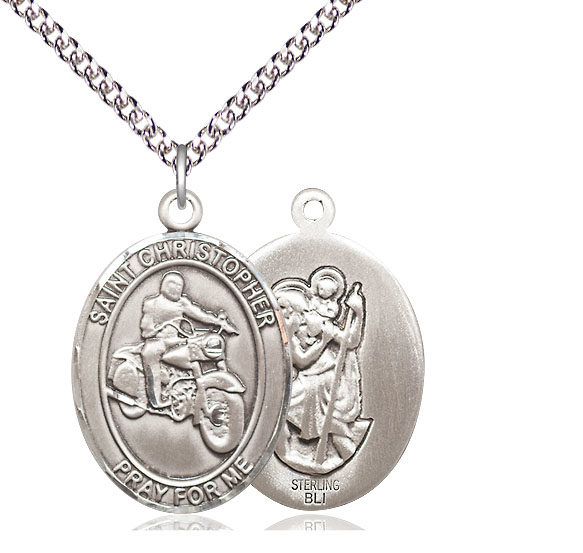 Sterling Silver Saint Christopher Motorcycle Pendant on a 24 inch Sterling Silver Heavy Curb chain