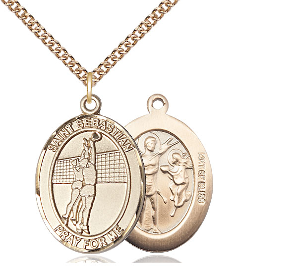 14kt Gold Filled Saint Sebastian Volleyball Pendant on a 24 inch Gold Filled Heavy Curb chain