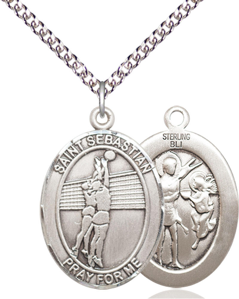 Sterling Silver Saint Sebastian Volleyball Pendant on a 24 inch Sterling Silver Heavy Curb chain