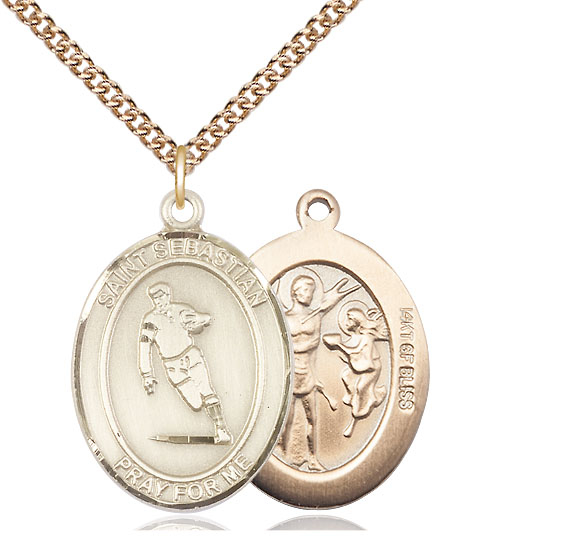 14kt Gold Filled Saint Sebastian Rugby Pendant on a 24 inch Gold Filled Heavy Curb chain