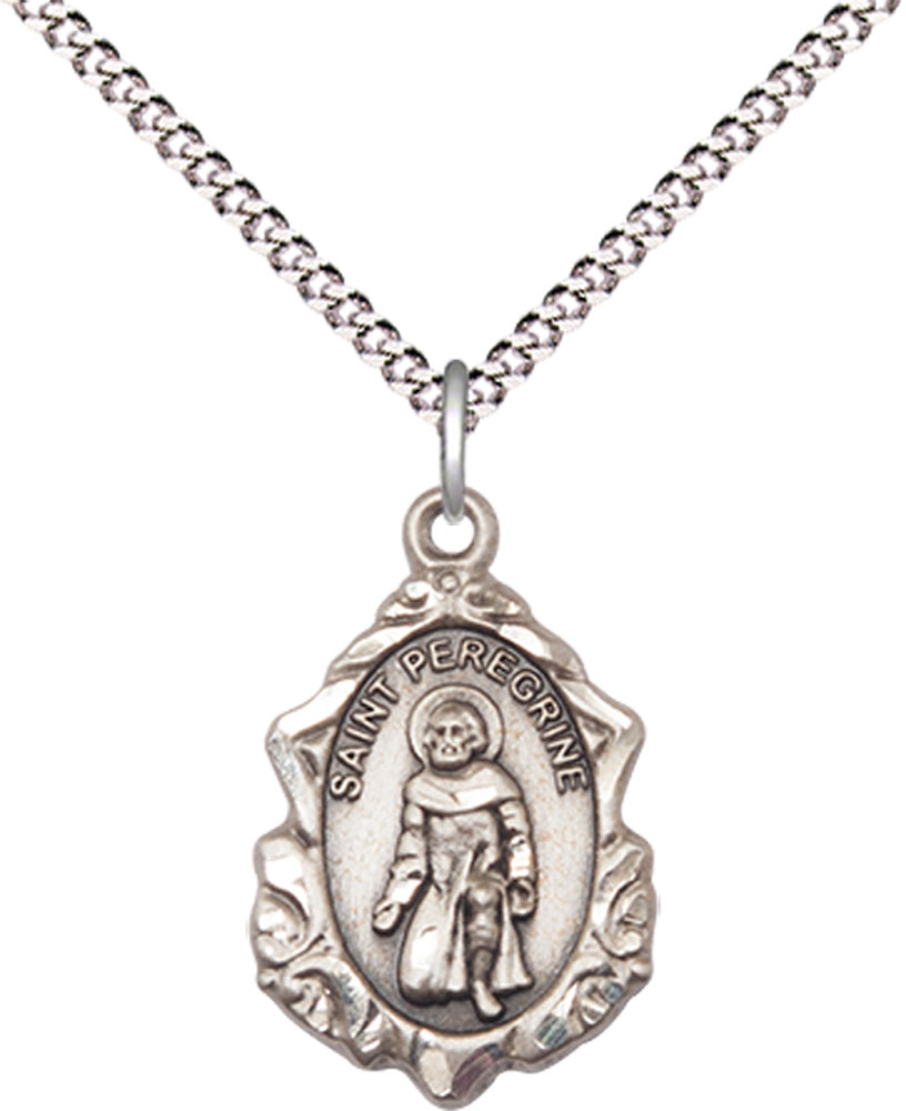 Sterling Silver Saint Peregrine Pendant on a 18 inch Light Rhodium Light Curb chain