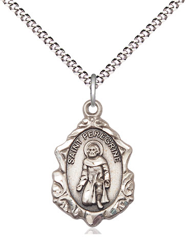 Sterling Silver Saint Peregrine Pendant on a 18 inch Light Rhodium Light Curb chain