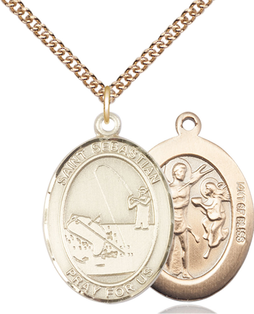 14kt Gold Filled Saint Sebastian Fishing Pendant on a 24 inch Gold Filled Heavy Curb chain