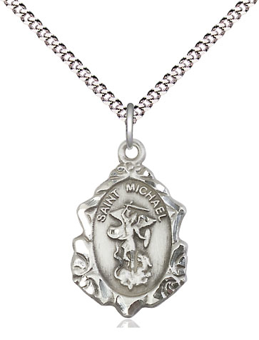 Sterling Silver Saint Michael the Archangel Pendant on a 18 inch Light Rhodium Light Curb chain