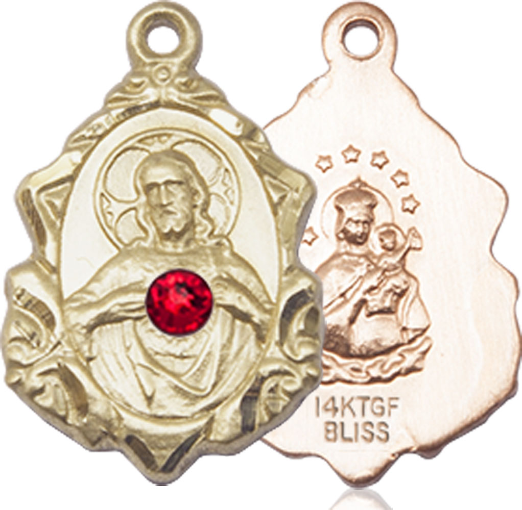 14kt Gold Filled Scapular w/ Ruby Stone Medal with a 3mm Ruby Swarovski stone