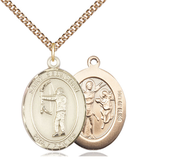 14kt Gold Filled Saint Sebastian Archery Pendant on a 24 inch Gold Filled Heavy Curb chain
