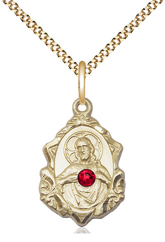 14kt Gold Filled Scapular w/ Ruby Stone Pendant with a 3mm Ruby Swarovski stone on a 18 inch Gold Plate Light Curb chain