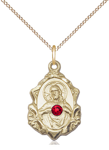 14kt Gold Filled Scapular w/ Ruby Stone Pendant with a 3mm Ruby Swarovski stone on a 18 inch Gold Filled Light Curb chain