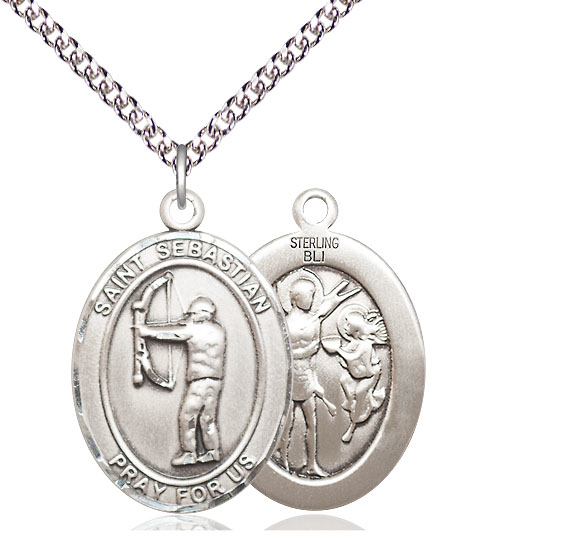 Sterling Silver Saint Sebastian Archery Pendant on a 24 inch Sterling Silver Heavy Curb chain