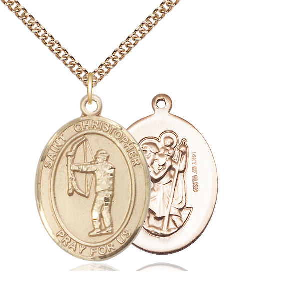 14kt Gold Filled Saint Christopher Archery Pendant on a 24 inch Gold Filled Heavy Curb chain