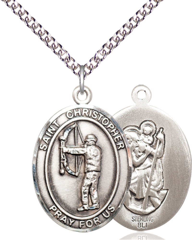 Sterling Silver Saint Christopher Archery Pendant on a 24 inch Sterling Silver Heavy Curb chain