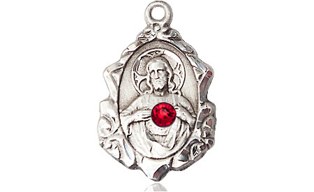 Sterling Silver Scapular w/ Ruby Stone Medal with a 3mm Ruby Swarovski stone