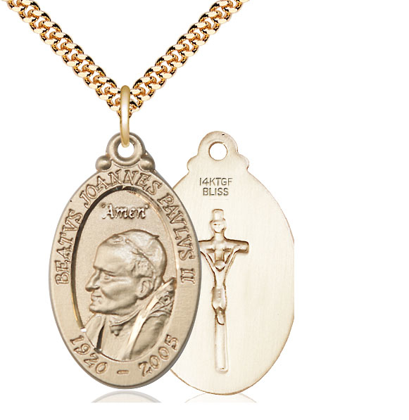 14kt Gold Filled Saint John Paul II Pendant on a 24 inch Gold Plate Heavy Curb chain