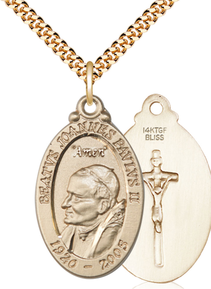 14kt Gold Filled Saint John Paul II Pendant on a 24 inch Gold Plate Heavy Curb chain