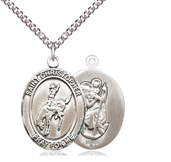 Sterling Silver Saint Christopher Rodeo Pendant on a 24 inch Sterling Silver Heavy Curb chain