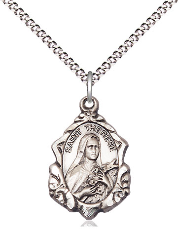 Sterling Silver Saint Therese of Lisieux Pendant on a 18 inch Light Rhodium Light Curb chain