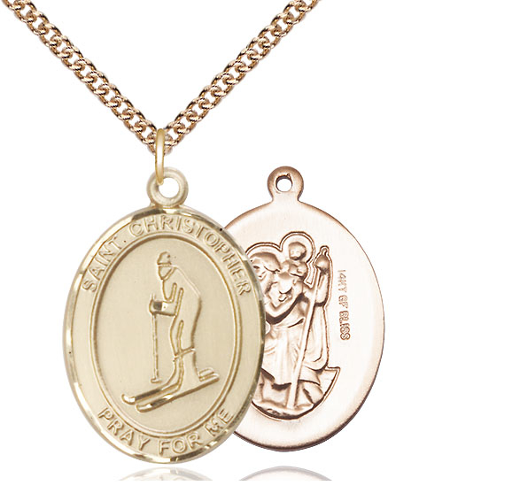 14kt Gold Filled Saint Christopher Skiing Pendant on a 24 inch Gold Filled Heavy Curb chain