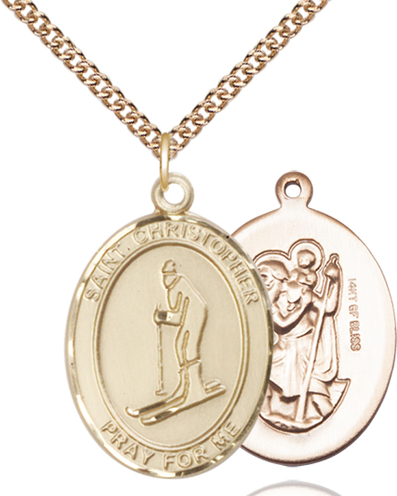 14kt Gold Filled Saint Christopher Skiing Pendant on a 24 inch Gold Filled Heavy Curb chain