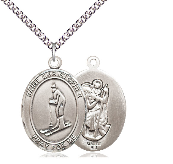 Sterling Silver Saint Christopher Skiing Pendant on a 24 inch Sterling Silver Heavy Curb chain